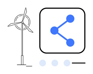 Wind turbine beside connected network icon representing energy sharing, sustainability, technology, renewable energy, innovation, clean energy solutions, simple landing page