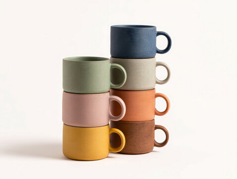 Stack of eight ceramic mugs, varying in height and color pastel pink, blue, green, beige, red, yellow, orange, purple, with complementary handle colors Arranged on a neutral backgrou - AI-Generated