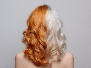 Fototapeta premium Detailed image of a red and blonde hair from two angles Back angle shows wavy, red hair with darker ends, while front angle reveals soft blonde to red gradient Even lighting highlight - AI-Generated