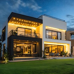 Modern Two Story House Night Exterior Lighting Design