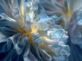 Obraz premium Close-up rendering of a vibrant, iridescent cluster of blue and yellow flowers with metallic sheen Realistic style, digital or painted effect No text present - AI-Generated