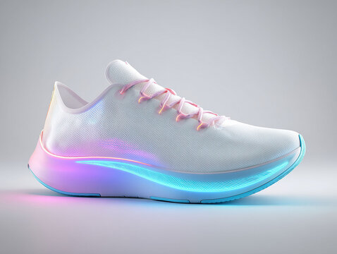 A side-view image of a futuristic high-top sneaker, predominantly white and gray with neon pink and blue accents emitting light from the sole and sides The shoe features a mesh upper w - AI-Generated - Powered by Adobe