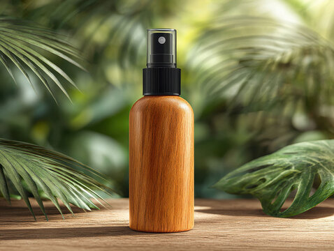 A tall, thin amber bottle with a black pump top against lush green foliage, possibly in a tropical environment Soft and diffuse lighting Shallow depth of field photographic style, loo - AI-Generated - Powered by Adobe