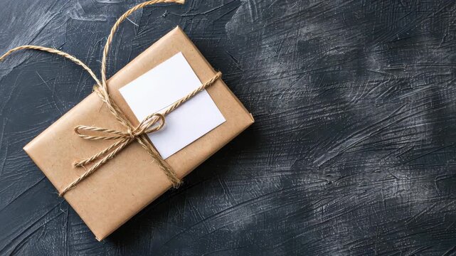 Crafted Gift with Tag: A beautifully wrapped gift, adorned with twine and a blank tag, rests invitingly, offering a tangible symbol of thoughtfulness and anticipation against a textured backdrop.