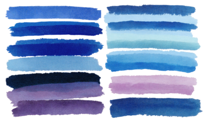 Abstract watercolor paint swatches in shades of blue, purple, and pink
