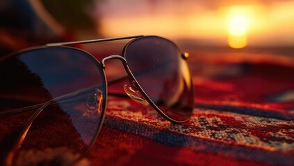 Aviator sunglasses rest on a vibrant tapestry, reflecting the fiery sunset