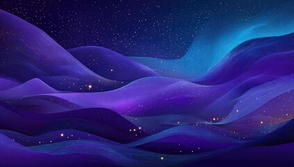 Abstract, wavy, landscape in deep blues and purples, dotted with golden lights