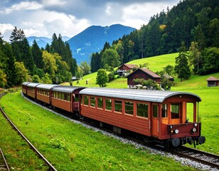 Scenic train journey through lush valley