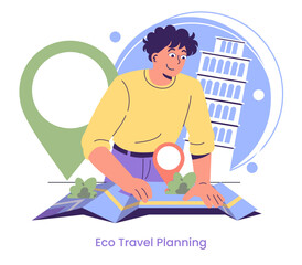 Man Planning Eco Travel with Map Vector Illustration