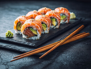 Close-up view of five sushi pieces on a dark slate plate, meticulously prepared with salmon, rice, sesame seeds, and wasabi Brown chopsticks nearby Vibrant colors, high-resolution cla - AI-Generated