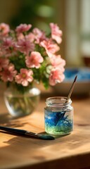A small glass jar filled with vibrant blue and green paint, sitting on a wooden table beside a vase of pink flowers. Sunlight highlights the scene