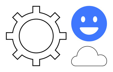 Gear symbolizing mechanism, blue smiling face for positivity, and cloud outline reflecting digital data. Ideal for technology, teamwork, productivity, emotions, digital marketing, creativity simple