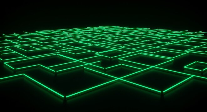Glowing Green Neon Lines Forming Abstract Maze Pattern - Powered by Adobe
