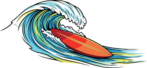 Obraz premium orange surfboard riding a vibrant ocean wave