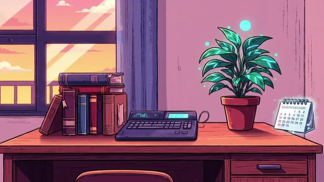 Vintage typewriter on a desk with books and plant near window with arcade background