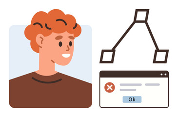 User face next to logic flowchart and error dialog box with OK button. Ideal for UX design, programming, problem-solving, user journey, decision-making, error handling, simple flat metaphor