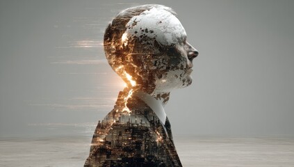 Man's head and shoulders, profile view. World map and cityscape overlayed. Abstract, digital, composite