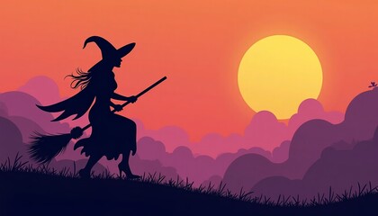 Silhouette of a witch flying on a broomstick at sunset over a mystical landscape halloween