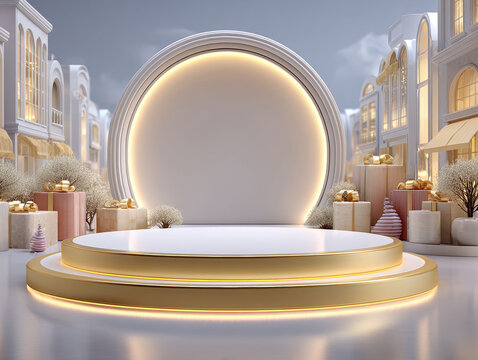 Futuristic indoor setting with a metallic, golden stage for product display, empty but enhanced by spotlights and soft lighting Luxurious shopping mall or hotel lobby background Empha - AI-Generated