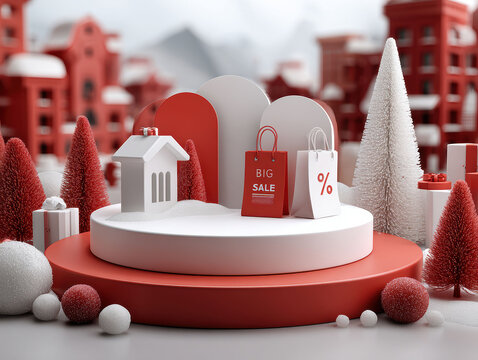 3D podium displaying SALE sign, in a snowy holiday village square Red and white color scheme, Christmas decorations like wreaths, trees, baubles, tinsel Bright, even lighting, 10 O - AI-Generated - Powered by Adobe