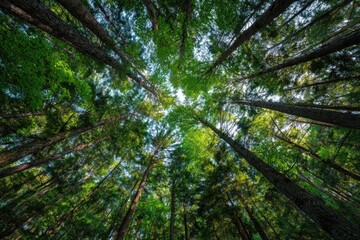 Lush forest canopy viewed from below.  Dense, towering trees reaching upwards, filling the frame with vibrant green foliage.  Sunlight filters through the leaves, creating a dappled effect