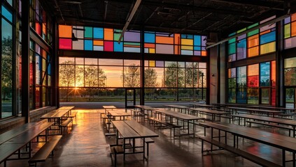 Fototapeta premium Colorful, modern cafeteria with sunset view