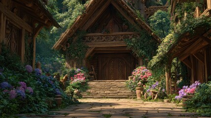 Fototapeta premium Stone path leads to a wooden house in a forest, surrounded by lush flowers