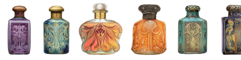 Ornate perfume bottles in various colors