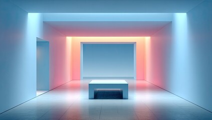 Minimalist gallery space, bathed in cool and warm light.  A simple table sits centered