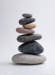 Stacked stones, various colors and shades, form a balanced, symmetrical tower on a plain white background