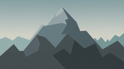 Minimalist flat design illustration of majestic mountain peaks and ridges under a calm gradient sky, rendered in a serene blue-gray color palette.