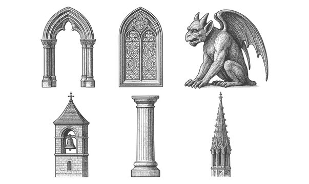 Gothic architecture and gargoyle elements in detailed engraving style