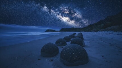 Dark, spherical rocks line a beach under a starry night sky.