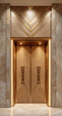 Luxury elevator doors, light wood, gold accents