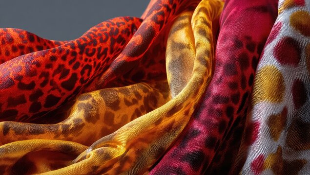 Close-up of flowing, patterned fabrics.  Various shades of orange, red, and yellow silks or similar lightweight fabrics are draped, showcasing animal print designs