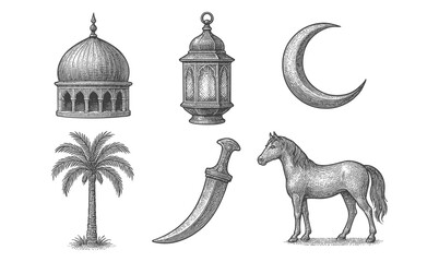 Obraz premium Hand drawn middle eastern elements with lantern, dome, and dagger