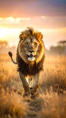 Majestic lion in golden savanna sunrise