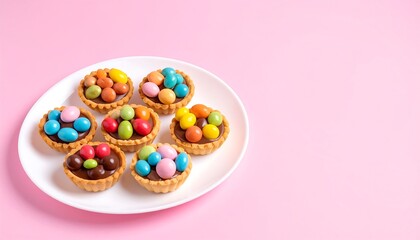 Colorful chocolate tarts on a white plate