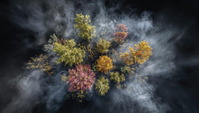Autumn forest canopy, shrouded in smoke - Powered by Adobe