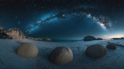 Milky way over a beach at night.