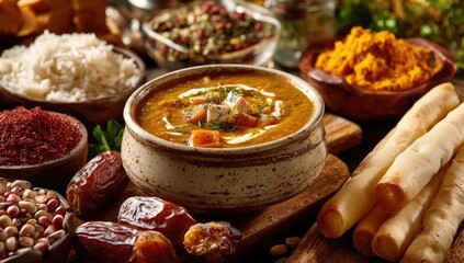 Bowl of flavorful lentil soup, surrounded by various spices, grains, and dates