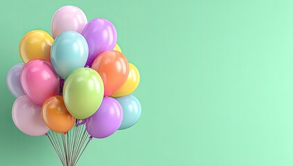 Pastel-colored balloons clustered together, against a mint green background