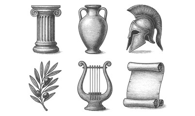 Classical greek objects in detailed vintage engraving style