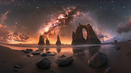 Milky way arching over a beach with dramatic rock formations.