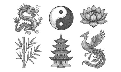 Traditional asian symbols: dragon, yin yang, lotus, bamboo, pagoda, phoenix in engraving style