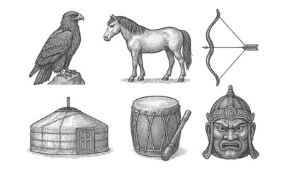 Hand drawn ethnic symbols: eagle, horse, bow and arrow, yurt, drum, warrior helmet