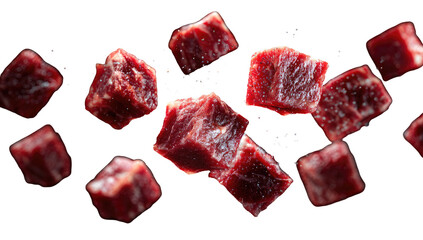 Cubed raw beef, scattered in mid-air against a black background