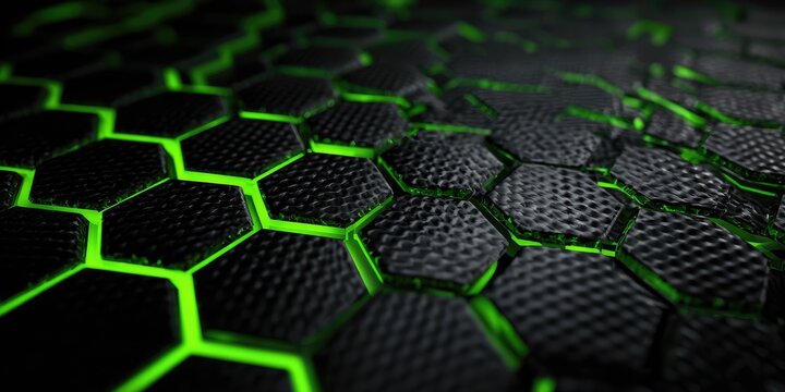 Close-up of a dark, textured surface composed of repeating hexagonal shapes with glowing green lines outlining each cell. The texture within each hexagon adds depth and complexity to the design - Powered by Adobe