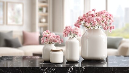 White vases with pink flowers on a marble countertop in a modern living room