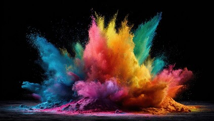 Vibrant explosion of colorful powder on a black background.  A massive, dynamic cloud of rainbow-hued dust erupts from a central pile, creating a striking visual effect